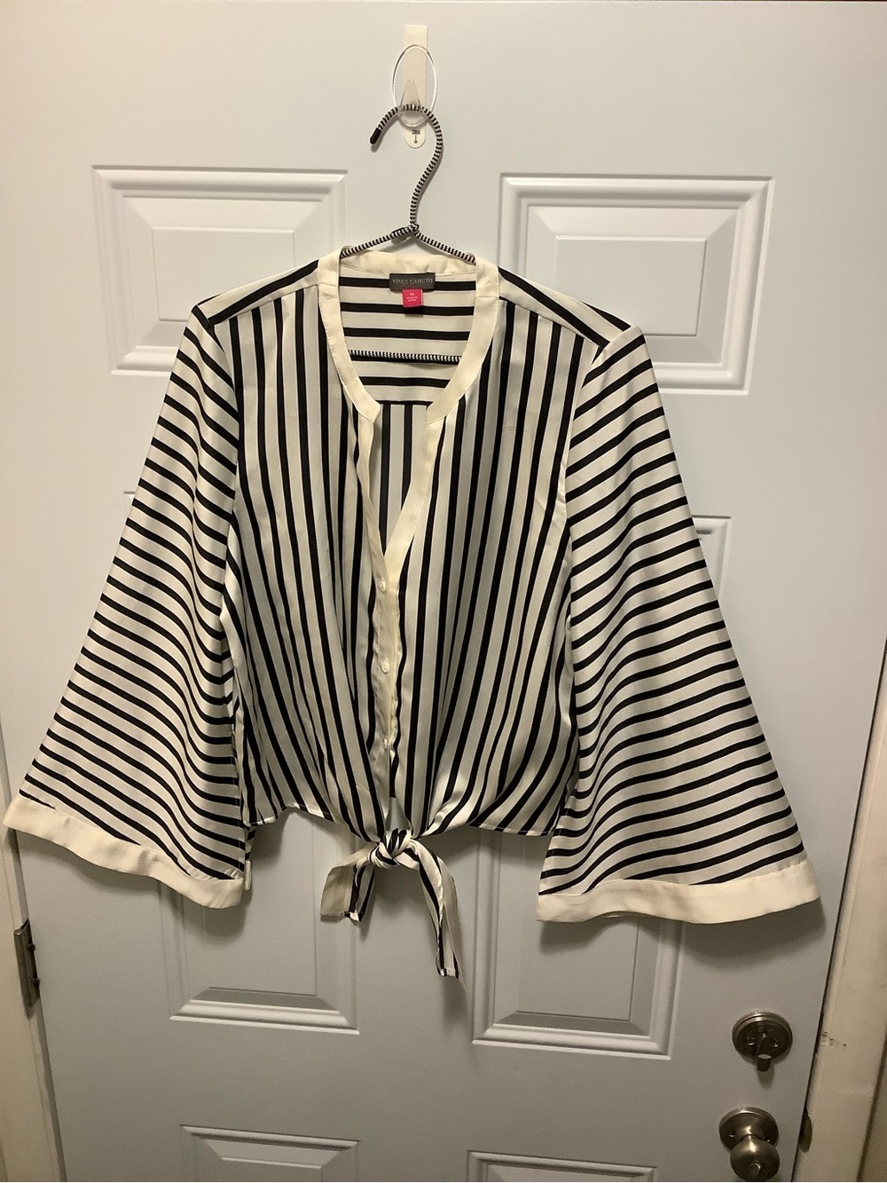 Black and White Vertical Stripe Tie-Front Blouse Split Bell Sleeve Chic Flowy M